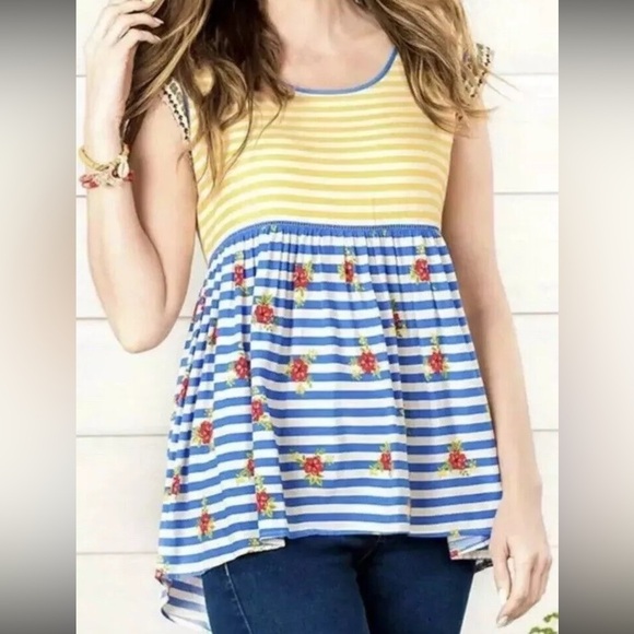 Matilda Jane On My Mind Top NWT size Medium- yellow and blue floral and stripes - Picture 1 of 7